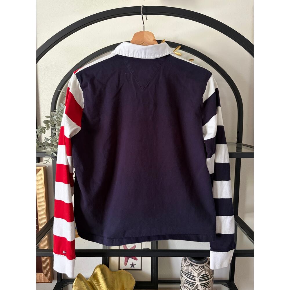 Tommy Hilfiger Rugby Shirt Womens Small Red White Blue Spellout Long Sleeve - Picture 2 of 8